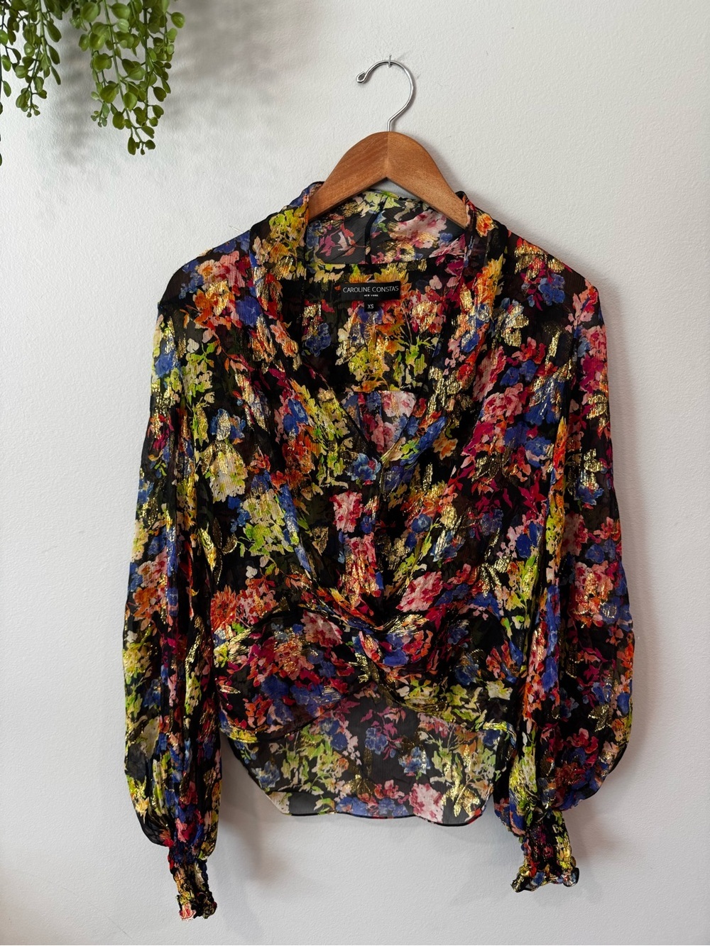Caroline Constas Black Sheer Floral V-Neck Blouse with Multicolor Print